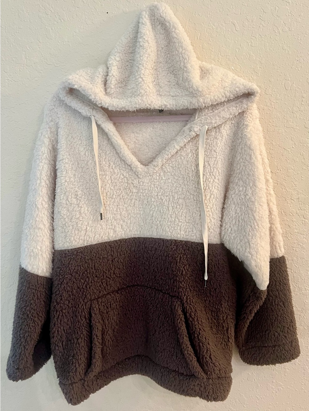 Plush Two-Tone Sherpa Hoodie - Cream and Dark Brown